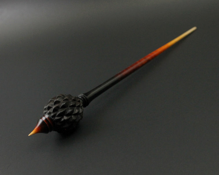 Dragon egg bead spindle in African blackwood and hand dyed curly maple (<font color=