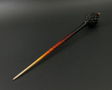 Load image into Gallery viewer, Dragon egg bead spindle in African blackwood and hand dyed curly maple (&lt;font color=&quot;red&quot;&lt;b&gt;RESERVED&lt;/b&gt;&lt;/font&gt; for Dana)