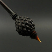 Load image into Gallery viewer, Dragon egg bead spindle in African blackwood and hand dyed curly maple