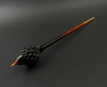 Load image into Gallery viewer, Dragon egg bead spindle in African blackwood and hand dyed curly maple