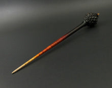 Load image into Gallery viewer, Dragon egg bead spindle in African blackwood and hand dyed curly maple