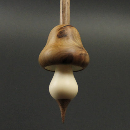 Mushroom support spindle in elm burl, holly, and walnut