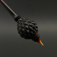 Load image into Gallery viewer, Dragon egg bead spindle in African blackwood and hand dyed curly maple