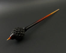 Load image into Gallery viewer, Dragon egg bead spindle in African blackwood and hand dyed curly maple