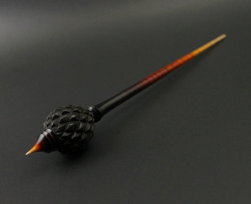 Dragon egg bead spindle in African blackwood and hand dyed curly maple