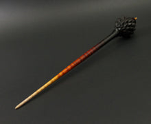 Load image into Gallery viewer, Dragon egg bead spindle in African blackwood and hand dyed curly maple