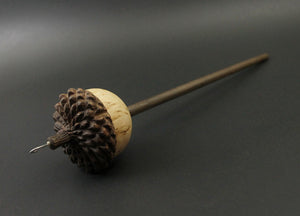 Acorn drop spindle in Karelian birch and walnut