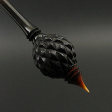 Load image into Gallery viewer, Dragon egg bead spindle in African blackwood and hand dyed curly maple