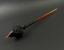 Load image into Gallery viewer, Dragon egg bead spindle in African blackwood and hand dyed curly maple