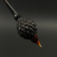 Load image into Gallery viewer, Dragon egg bead spindle in African blackwood and hand dyed curly maple