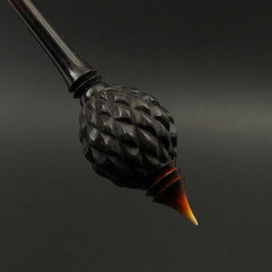 Dragon egg bead spindle in African blackwood and hand dyed curly maple