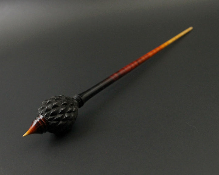 Dragon egg bead spindle in African blackwood and hand dyed curly maple