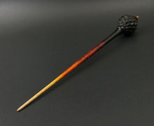 Load image into Gallery viewer, Dragon egg bead spindle in African blackwood and hand dyed curly maple