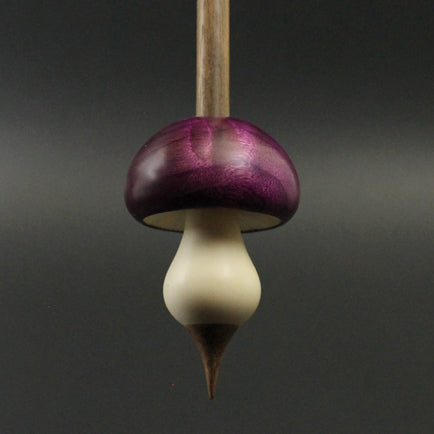 Mushroom support spindle in hand dyed cottonwood burl, holly, and walnut