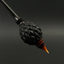 Load image into Gallery viewer, Dragon egg bead spindle in African blackwood and hand dyed curly maple