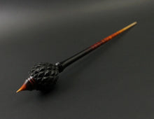 Load image into Gallery viewer, Dragon egg bead spindle in African blackwood and hand dyed curly maple