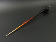 Load image into Gallery viewer, Dragon egg bead spindle in African blackwood and hand dyed curly maple