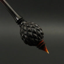 Load image into Gallery viewer, Dragon egg bead spindle in African blackwood and hand dyed curly maple (&lt;font color=&quot;red&quot;&lt;b&gt;RESERVED&lt;/b&gt;&lt;/font&gt; for Becky)