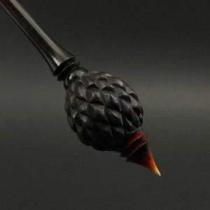 Dragon egg bead spindle in African blackwood and hand dyed curly maple (<font color="red"<b>RESERVED</b></font> for Becky)