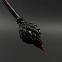 Load image into Gallery viewer, Dragon egg bead spindle in African blackwood and hand dyed curly maple