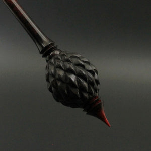 Dragon egg bead spindle in African blackwood and hand dyed curly maple