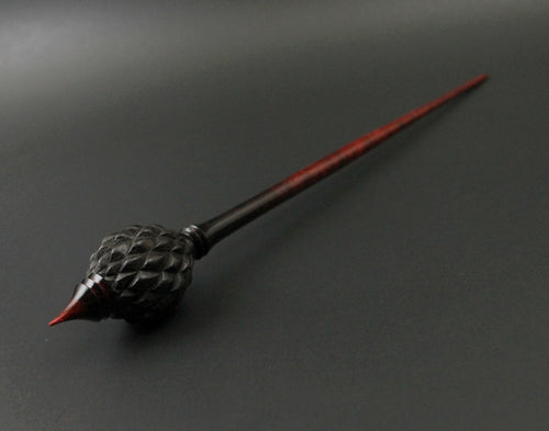 Dragon egg bead spindle in African blackwood and hand dyed curly maple