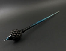 Load image into Gallery viewer, Dragon egg bead spindle in African blackwood and hand dyed curly maple