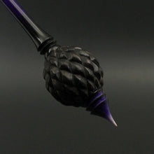 Load image into Gallery viewer, Dragon egg bead spindle in African blackwood and hand dyed curly maple