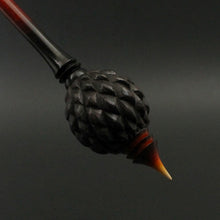 Load image into Gallery viewer, Dragon egg bead spindle in African blackwood and hand dyed curly maple
