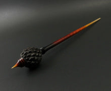 Load image into Gallery viewer, Dragon egg bead spindle in African blackwood and hand dyed curly maple