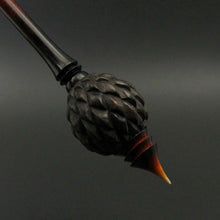 Load image into Gallery viewer, Dragon egg bead spindle in African blackwood and hand dyed curly maple