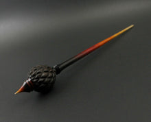 Load image into Gallery viewer, Dragon egg bead spindle in African blackwood and hand dyed curly maple