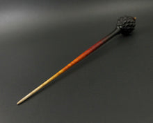 Load image into Gallery viewer, Dragon egg bead spindle in African blackwood and hand dyed curly maple