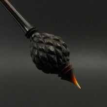 Load image into Gallery viewer, Dragon egg bead spindle in African blackwood and hand dyed curly maple