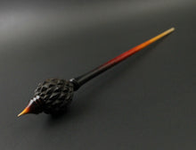 Load image into Gallery viewer, Dragon egg bead spindle in African blackwood and hand dyed curly maple
