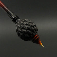 Load image into Gallery viewer, Dragon egg bead spindle in African blackwood and hand dyed curly maple (RESERVED for Margery)