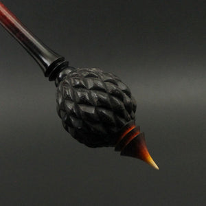 Dragon egg bead spindle in African blackwood and hand dyed curly maple (RESERVED for Margery)