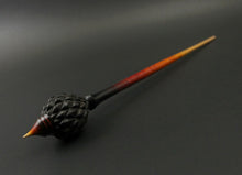 Load image into Gallery viewer, Dragon egg bead spindle in African blackwood and hand dyed curly maple (RESERVED for Margery)