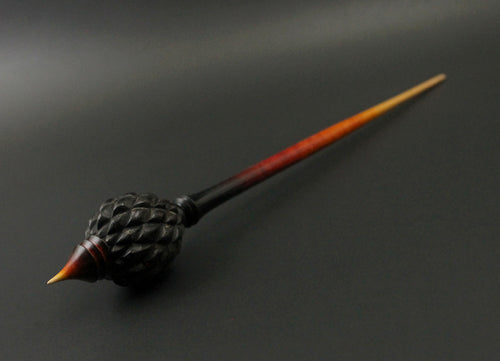 Dragon egg bead spindle in African blackwood and hand dyed curly maple (RESERVED for Margery)