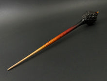 Load image into Gallery viewer, Dragon egg bead spindle in African blackwood and hand dyed curly maple (RESERVED for Margery)