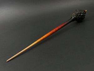 Dragon egg bead spindle in African blackwood and hand dyed curly maple (RESERVED for Margery)