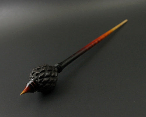 Dragon egg bead spindle in African blackwood and hand dyed curly maple