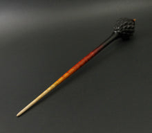 Load image into Gallery viewer, Dragon egg bead spindle in African blackwood and hand dyed curly maple