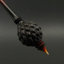 Load image into Gallery viewer, Dragon egg bead spindle in African blackwood and hand dyed curly maple