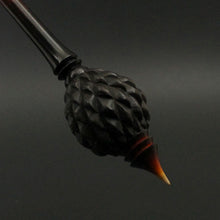 Load image into Gallery viewer, Dragon egg bead spindle in African blackwood and hand dyed curly maple (<font color="red"<b>RESERVED</b></font> for Chantilly)