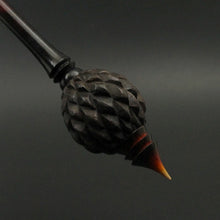 Load image into Gallery viewer, Dragon egg bead spindle in African blackwood and hand dyed curly maple