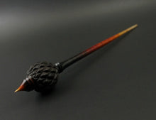 Load image into Gallery viewer, Dragon egg bead spindle in African blackwood and hand dyed curly maple