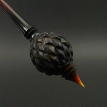 Load image into Gallery viewer, Dragon egg bead spindle in African blackwood and hand dyed curly maple