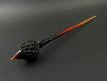 Load image into Gallery viewer, Dragon egg bead spindle in African blackwood and hand dyed curly maple