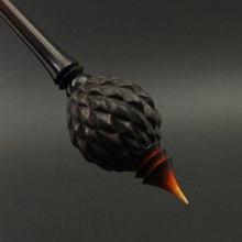 Load image into Gallery viewer, Dragon egg bead spindle in African blackwood and hand dyed curly maple